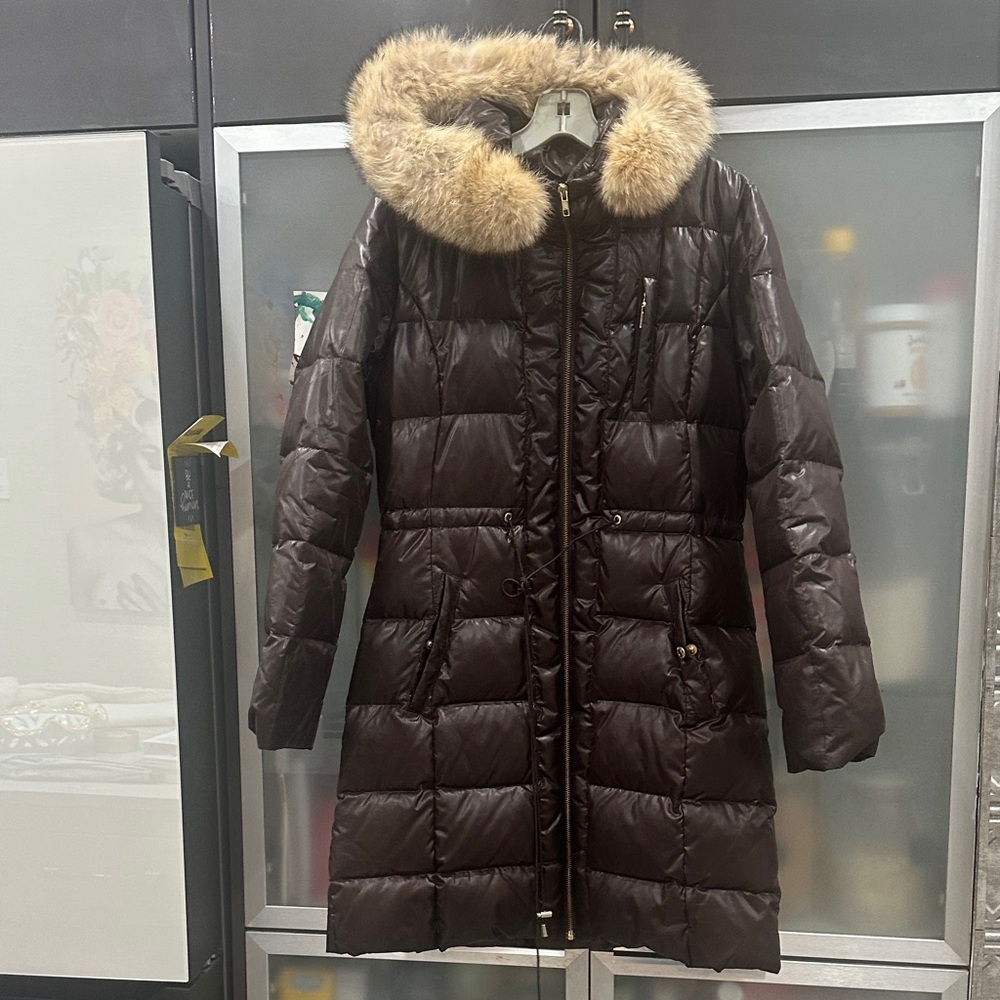 Michael Kors Dark Brown Puffer Jacket with Fur Hood